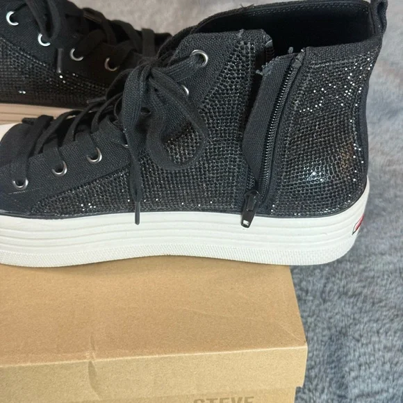 Steve Madden Black Glitter High-Top Sneakers with White Sole - Picture 6 of 8